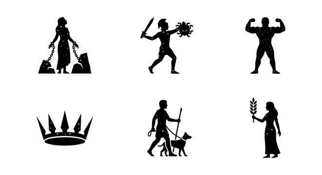Ancient Greek mythology silhouettes, set of 6 black vector icons, classical antique figures including gladiator, goddess, and crown, historical character symbols