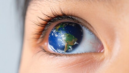 Naklejka premium Earth reflection in human eye macro close-up with hopeful expression