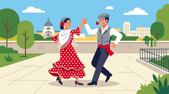 Features a chulapo couple in traditional Madrid costumes gracefully dancing the chotis, embodying the festive spirit of San Isidro. This is a vibrant flat design.