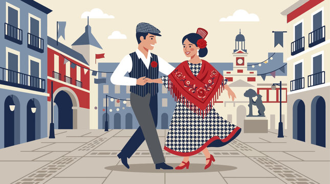 Features a chulapo couple in traditional Madrid costumes gracefully dancing the chotis, embodying the festive spirit of San Isidro. This is a vibrant flat design.