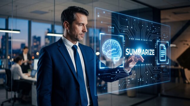 Businessman in blue suit interacts with futuristic digital interface displaying 'summarize' in modern office