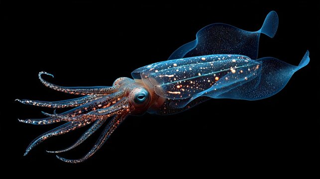 Sharkpear squid, with detailed arms, appeared in dark ocean depths at night.