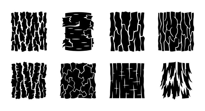 Natural tree bark texture set, black and white wood surface patterns, collection of 8 organic timber skin vector icons for rustic design