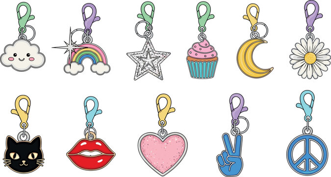 Cute keychain charm vector set with cartoon cloud rainbow star cupcake moon daisy cat lips heart peace icons collection
