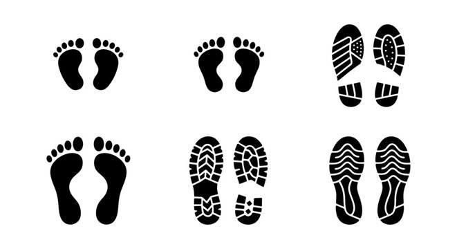Black footprint silhouettes and shoe sole prints set, human feet and boot tread marks, 6 pairs of footstep icons for forensic and tracking design