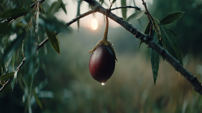Tamarillo fruit hangs from a delicate tree branch with a single dewdrop glistening in the soft morning light.