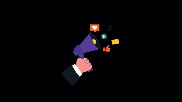 Hand Holding Megaphone with Social Media Icons. Social Media Promotion Concept Animation Video - Transparent