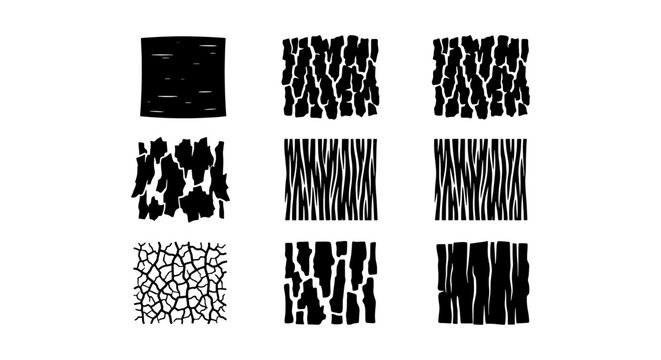 Natural wood bark texture set, organic tree trunk surface patterns, 9 black and white hand drawn timber grain vector elements for rustic design