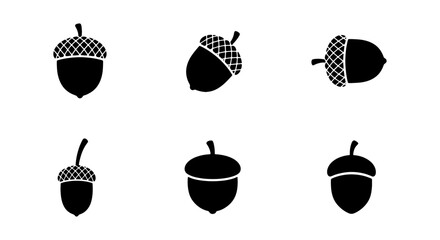 Minimalist acorn icon set, black oak nut silhouettes, collection of 6 forest seed vector symbols for autumn branding and nature logos © Omar