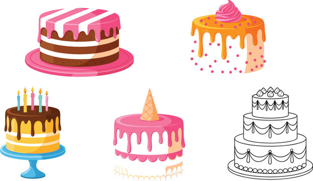 Birthday cake collection with dripping frosting layered cakes and celebration dessert designs festive bakery vector illustration set