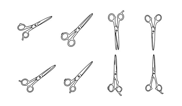 Modern scissor icon set black line cutting tools vector design on white background