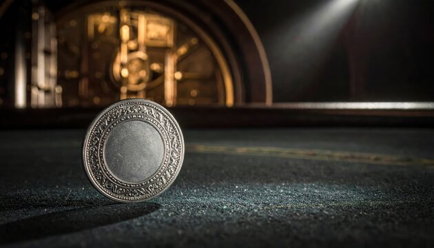 An antique silver betting token with intricate filigree detailing rests on a textured surface with warm lighting