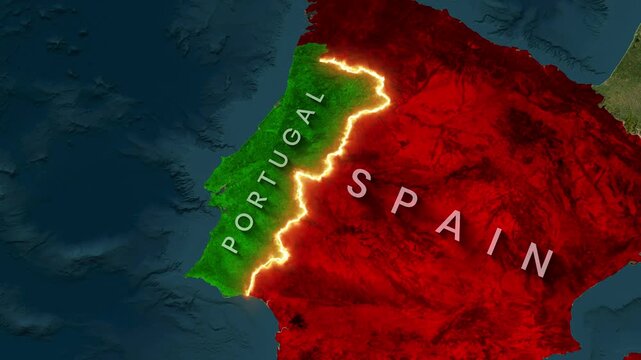 Glowing animated border between Portugal and Spain on a map video footage