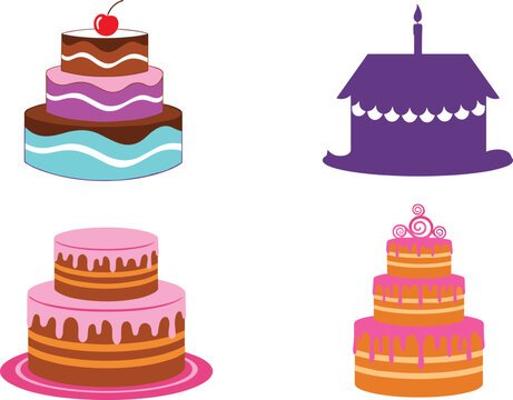 Birthday cake illustration set with layered celebration cakes and party cake stand festive dessert vector collection