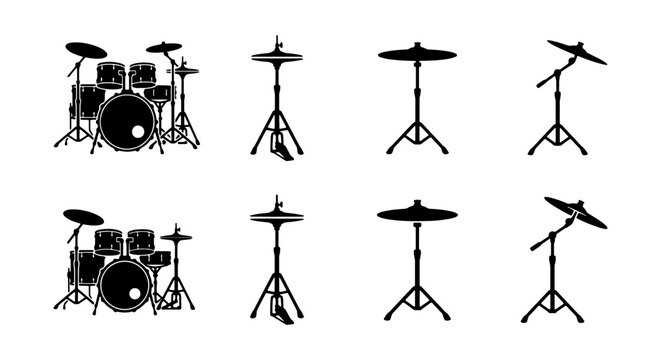 Black drum kit silhouettes, musical instrument vector set with cymbals and hi-hats, professional percussion equipment icons for concert posters