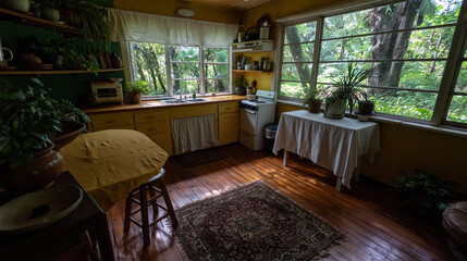 Fototapeta premium Kitchen area displays yellow cabinetry and a small dining table draped in a white tablecloth near large windows.