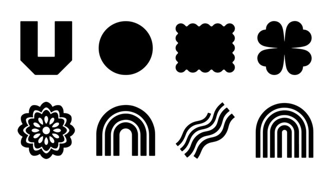 Minimalist black geometric shapes set, 8 abstract vector icons including rainbow and clover, modern flat design elements for branding and logos