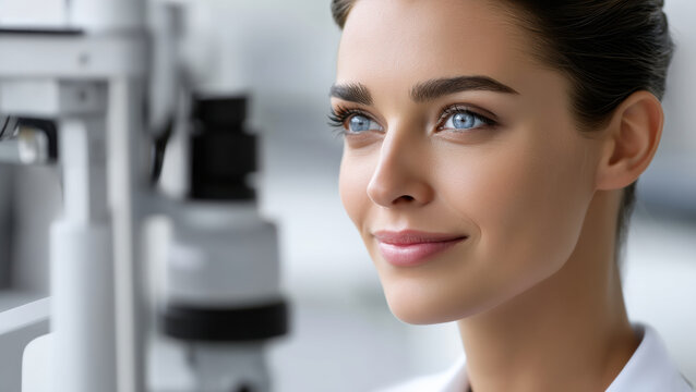 Woman blue eye refractometer optical device examination closeup beauty healthy skin professional medical