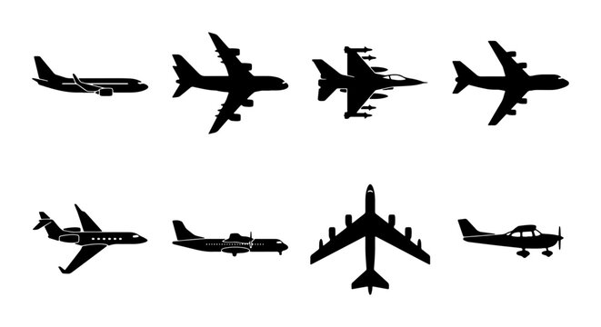 Black airplane silhouette set of 8 vector icons, commercial aviation and military aircraft silhouettes, passenger jet and private plane symbols