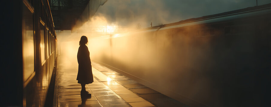 Solitary traveler on a misty train platform bathed in the warm, golden light of an approaching locomotive