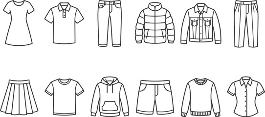 Clothing apparel garments fashion items collection of various outline icons representing different types of everyday wear for men and women. © Active Creator Pro