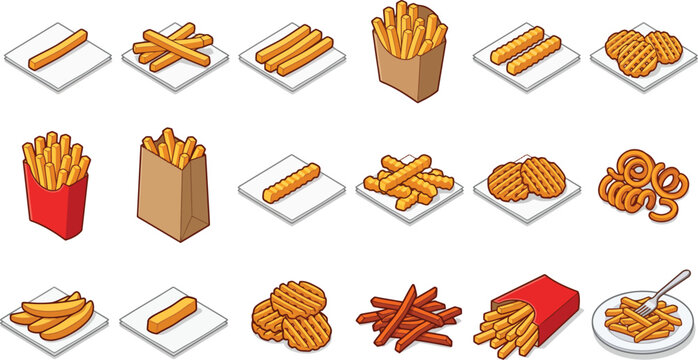 French fries and potato snacks isometric vector illustration set showing various types of fried potatoes in different serving styles.