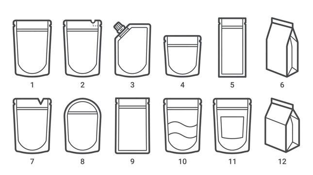Collection of stand-up pouches and flexible packaging bags in various shapes and sizes, presented as line art icons.