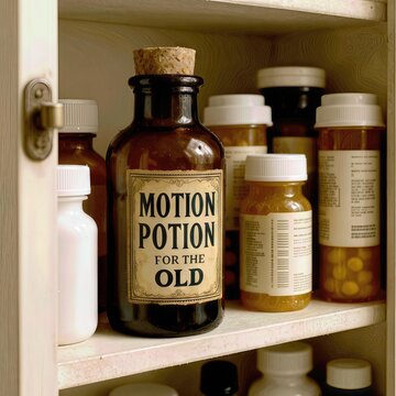 An old medicine bottle with a humorous label for seniors, placed in a medicine cabinet 