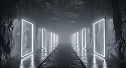 Fototapeta premium Abstract futuristic tunnel with illuminated neon frames and textured walls