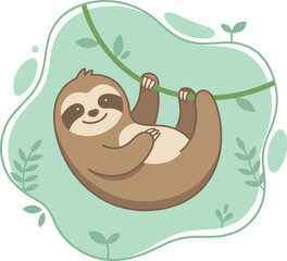 Obraz premium Happy sloth character hanging from a green jungle vine cartoon illustration