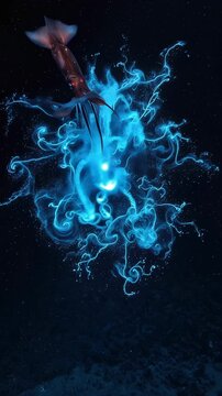 Deep-ocean squid defensively expels a glowing blue bioluminescent fluid against the dark