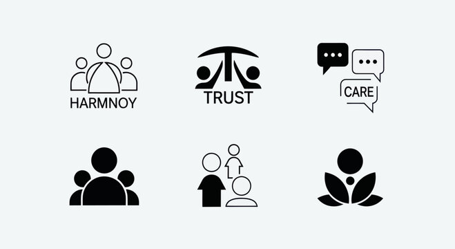 Teamwork Icons: Harmony, Trust, Care, Community, Support, Growth