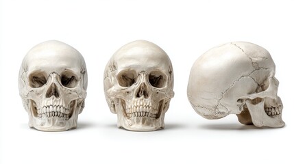 Obraz premium Plaster human skull shown in front, side, and back views, isolated on a white background.