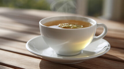 Obraz premium Teacup filled with hot herbal tea rests on a rustic wooden table during a bright morning sunrise.