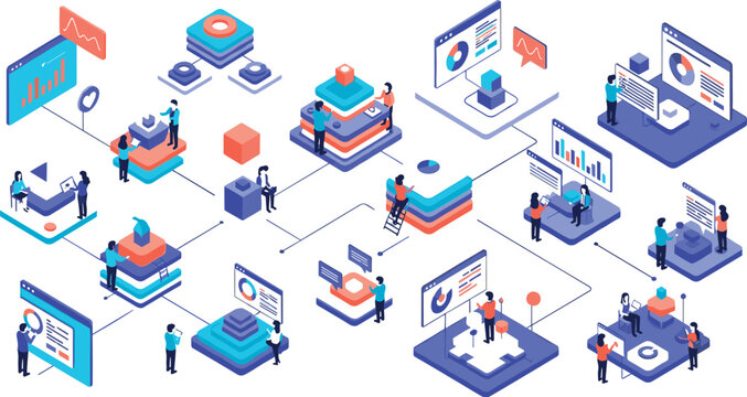Isometric business analytics workflow vector set with data dashboards, reports, charts and team collaboration technology illustration