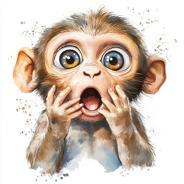Watercolor painting depicts surprised young monkey with hands framing open mouth, expressive eyes, detailed fur texture.