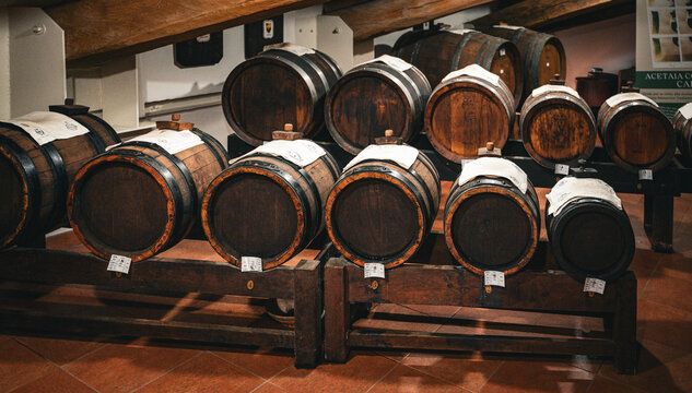 Traditional balsamic vinegar aging in wooden barrels in Italy, Modena, Emilia Romagna 
