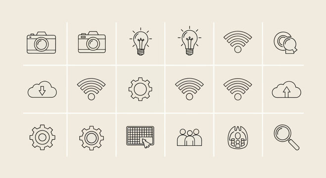 Technology Icons Set: Camera, Wifi, Lightbulb, Cloud, Gear, Brain, Search
