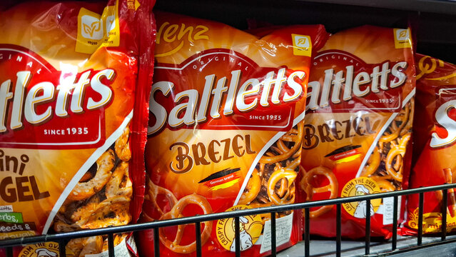 Assorted Saltletts Brezel Mini Pretzel Snack Bags Displayed on Supermarket Retail Shel on April 17, 2026 in Bangkok, Thailand