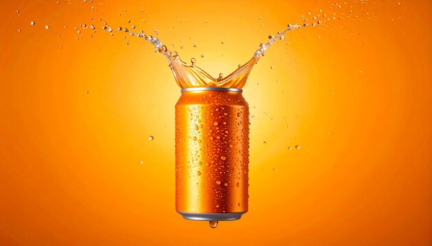 A refreshing soda can explodes with water splashing everywhere on an orange background