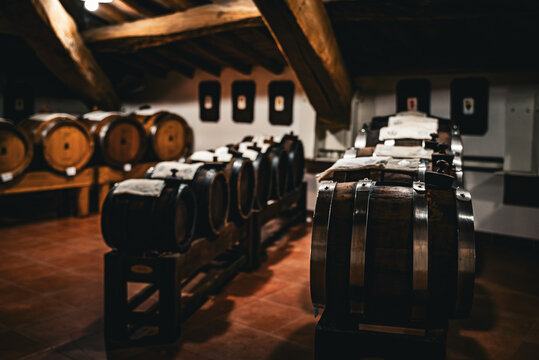 Traditional balsamic vinegar aging in wooden barrels in Italy, Modena, Emilia Romagna 