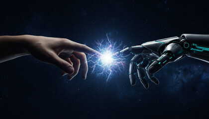 Naklejka premium Close-up of Human Finger and Robot Finger Reaching to Touch with Light | Concept of Creation, Digital Evolution, and AI Collaboration Art