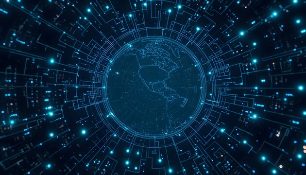 Futuristic digital globe with radiant blue circuits and nodes on a dark background symbolizing advanced technology and global connectivity