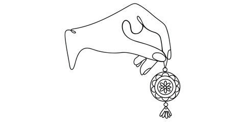 Continuous line drawing of a hand holding a decorative earring © Das
