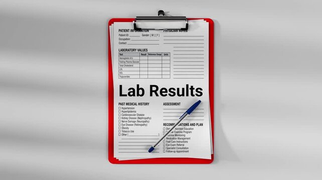 Medical clipboard with patient clinical form showing lab results and laboratory values. Healthcare documentation concept with physician notes and medical examination record.
