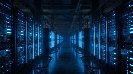Fototapeta premium Server Room with Glowing Blue Lights and Data Centers Technology in a Futuristic Environment