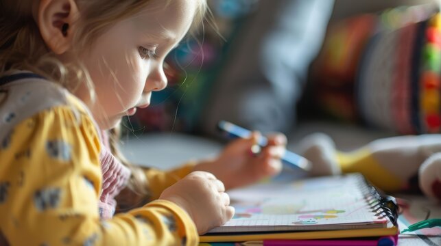 Focused child drawing in notebook at home warm light learning and creativity concept