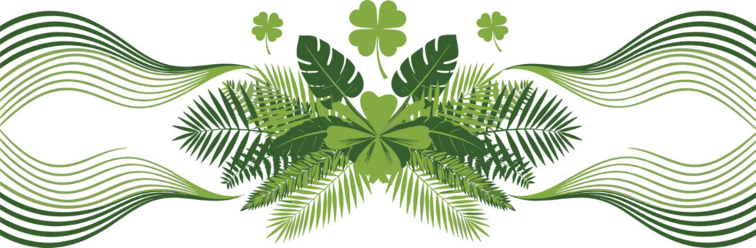 Decorative green foliage banner with leaves, clover and flowing wave lines illustration, nature themed ornamental design for eco and spring vector background