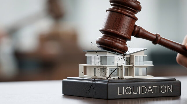 House model being struck by wooden gavel with cracks symbolizing liquidation and property foreclosure, legal concept of asset seizure and financial distress