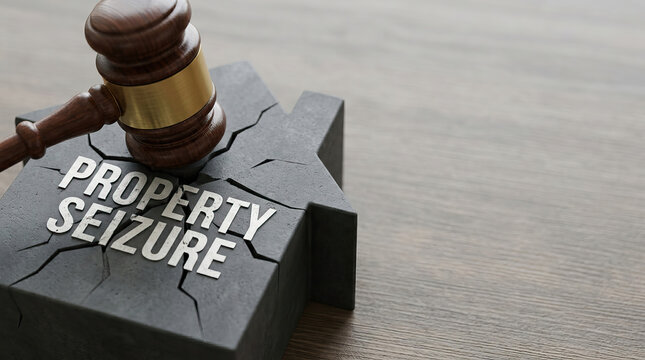 Property seizure concept with wooden gavel on cracked house shaped block symbolizing legal action and foreclosure in real estate, law, and finance context